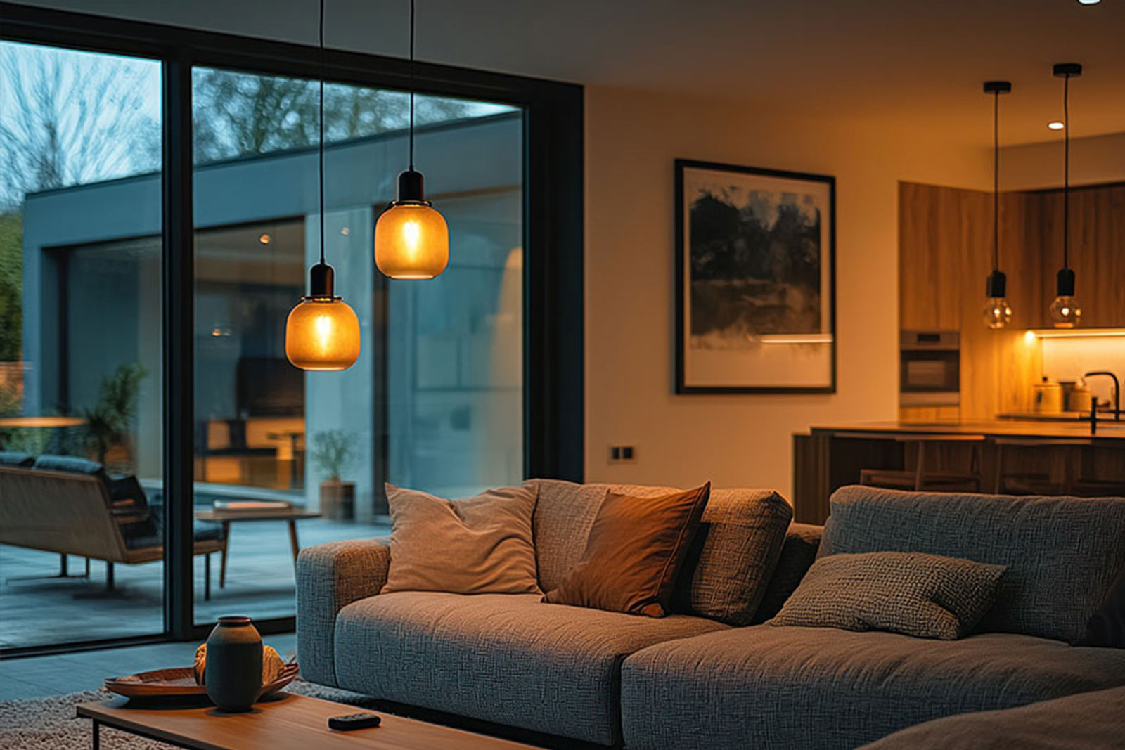 Living room with warm, inviting LED pendant lights