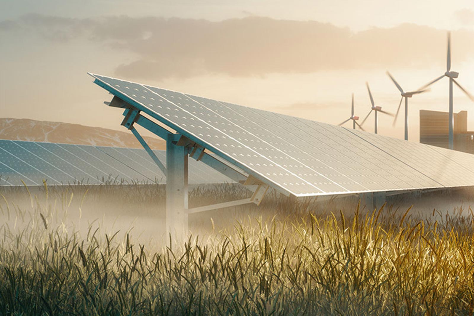 Power Solutions Solar panels and wind turbines in a rural area